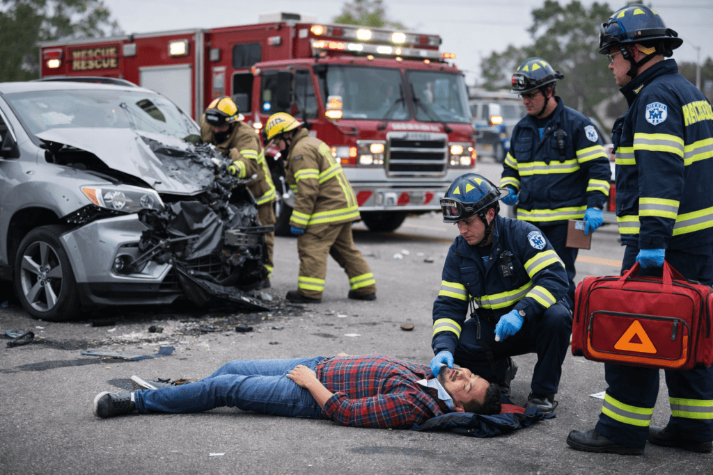 Emergency responders at the scene of a car accident