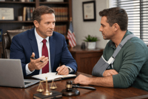 Lawyer consulting with a client about personal injury claim in office