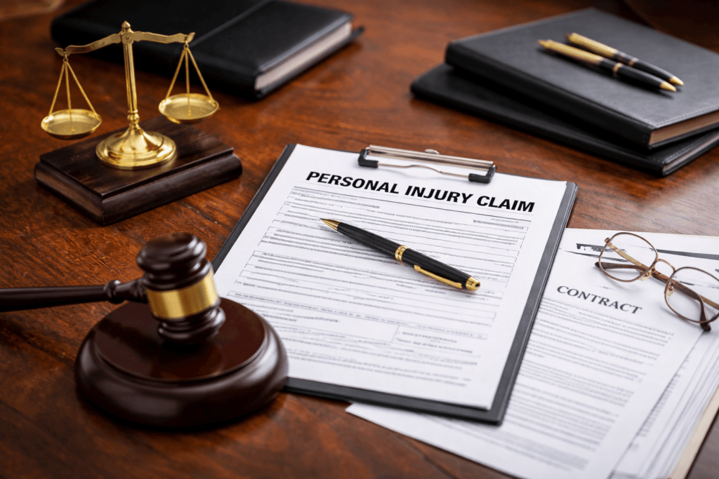 Lawyer’s desk with legal documents and gavel ready for personal injury case