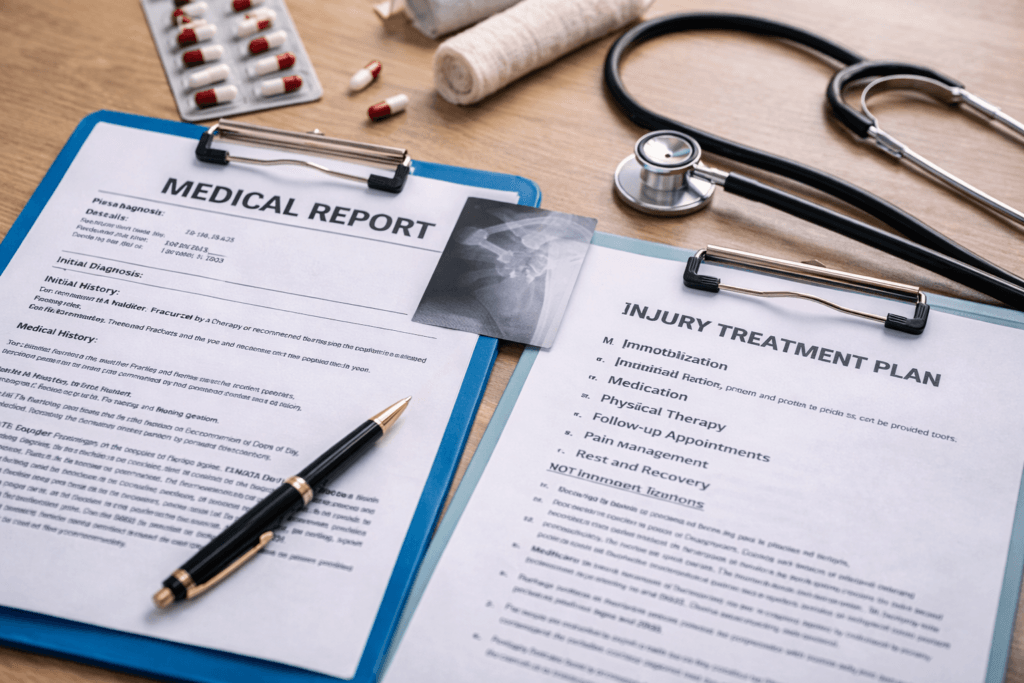 Medical report with injury treatment plan for personal injury claim