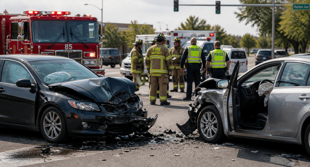 Car accident scene showing damaged vehicles and responders