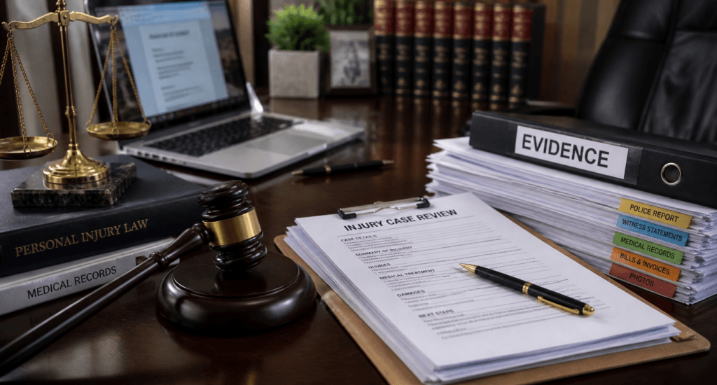 Lawyer desk with legal documents and gavel for injury case review