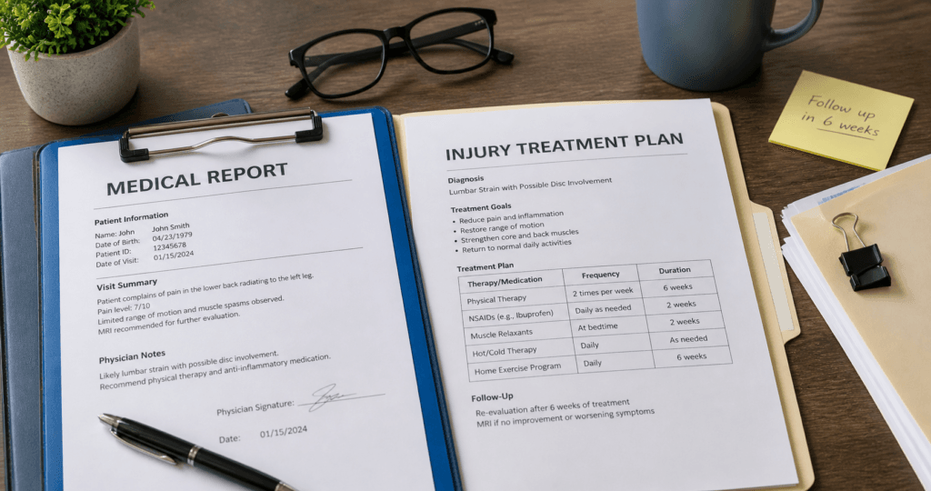 Medical report and injury treatment plan documents on desk