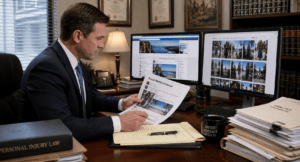 Personal injury lawyer reviewing social media evidence in office