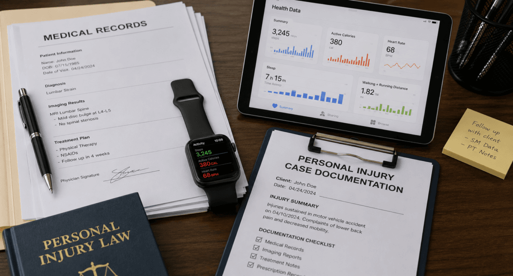 Medical records and smartwatch data used in injury claim documentation