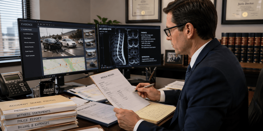 Personal injury attorney analyzing digital evidence and medical records