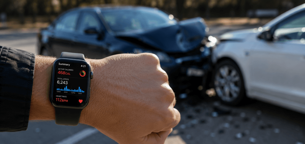 Smartwatch displaying health and activity data after an accident