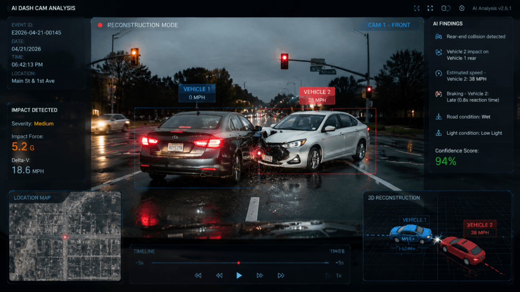AI dash cam footage showing vehicle collision reconstruction