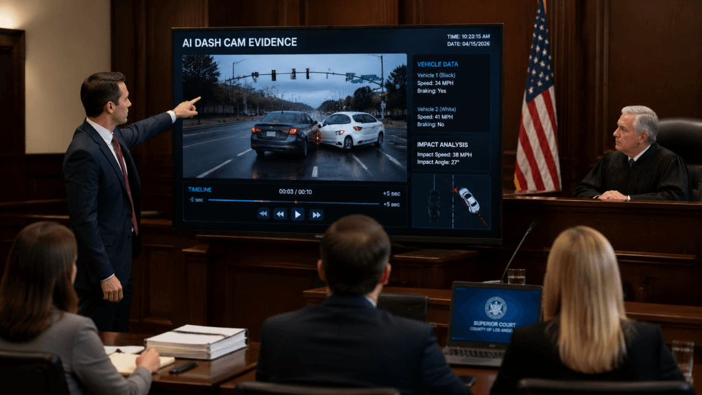 Courtroom display of AI dash cam evidence in injury case