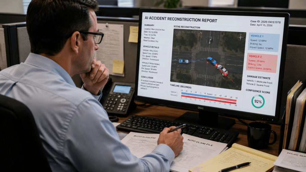 Insurance adjuster reviewing AI accident reconstruction report