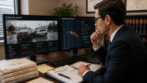 Lawyer analyzing AI dash cam accident footage for injury case