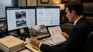 Attorney comparing AI analysis with personal injury evidence