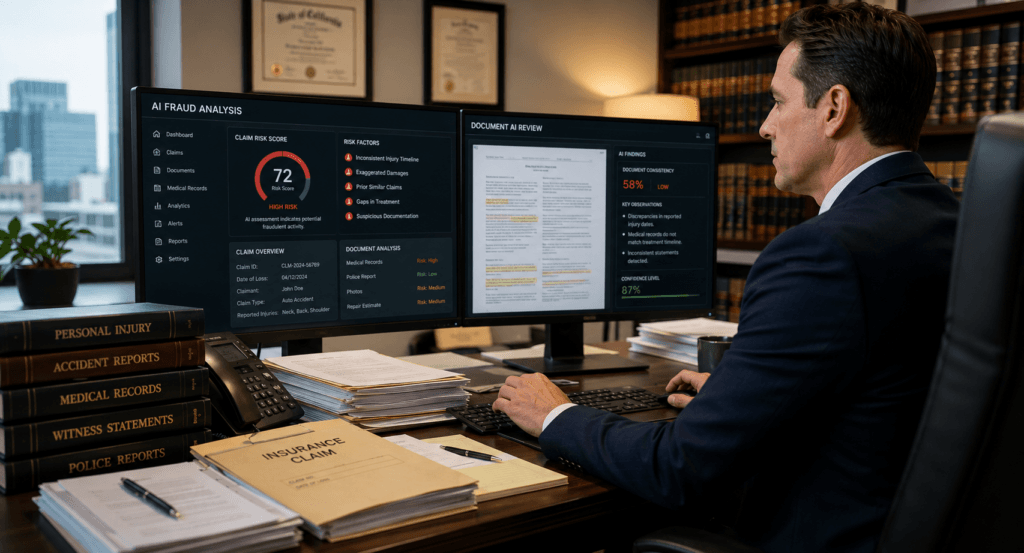Personal injury attorney reviewing AI insurance fraud analysis software