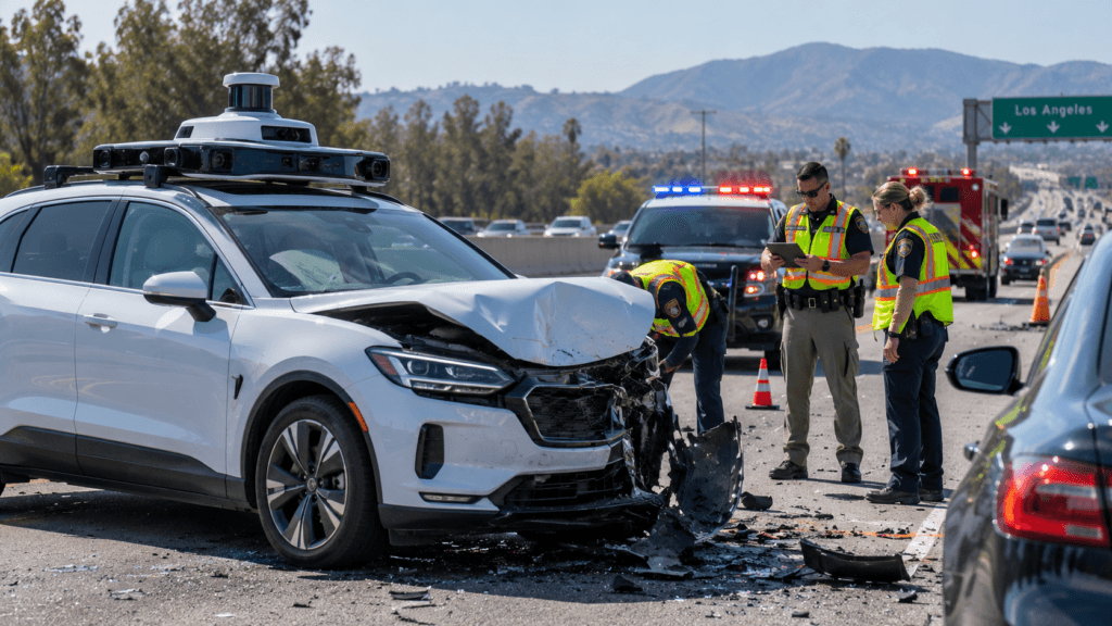 Autonomous vehicle crash scene with investigators analyzing accident