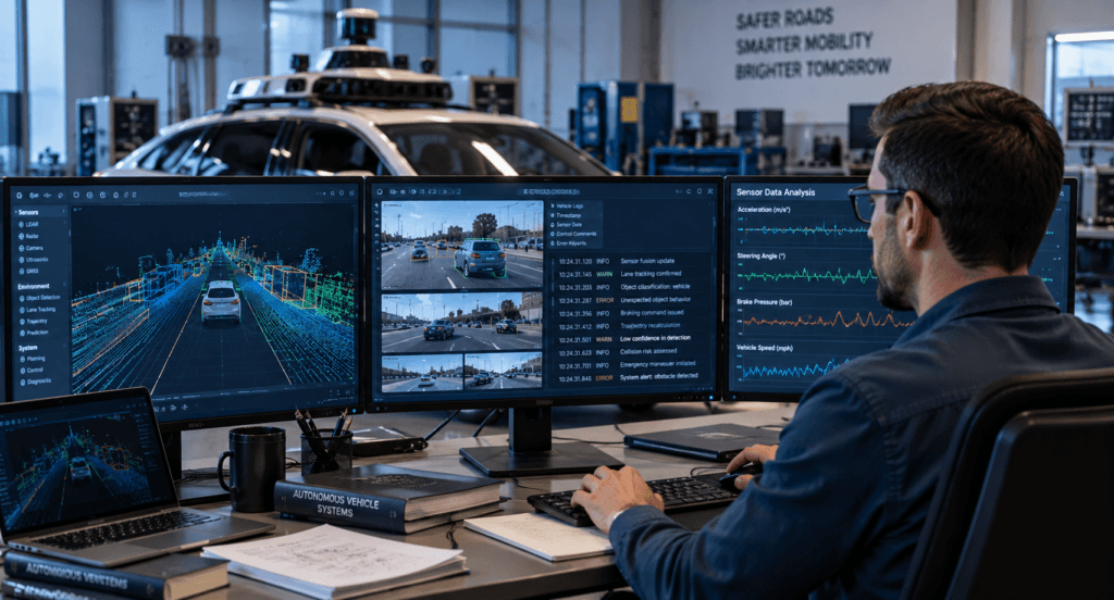 Engineer reviewing autonomous vehicle crash data and software logs